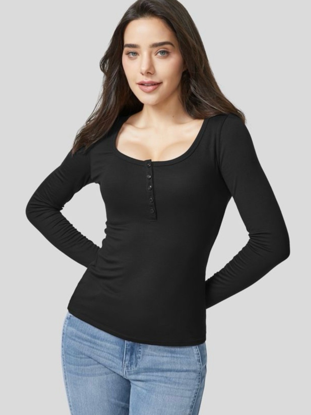 Halara Ribbed Henley Neck Long Sleeve Slim Casual T-Shirt